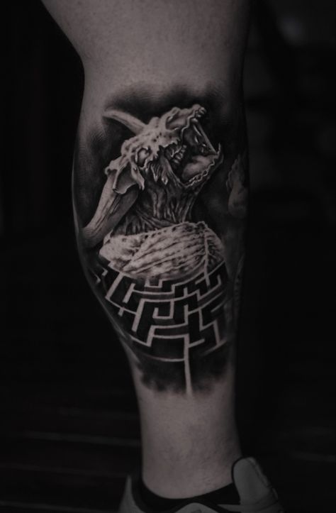 Side Calf Tattoo Men, Side Calf Tattoo, Minotaur Tattoo, Minotaur Labyrinth, Calf Tattoo Men, Greek Mythology Tattoos, Taurus Tattoos, Tattoo Men, Calf Tattoo