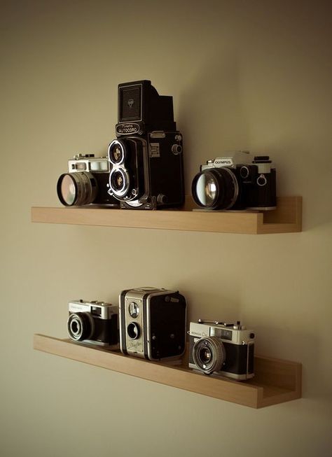 Ribba vintage camera shelf Camera Shelf, Sepeda Bmx, Fotocamere Vintage, Camera Decor, Camera Storage, Dslr Photography Tips, Photo Deco, Antique Cameras, Camera Dslr