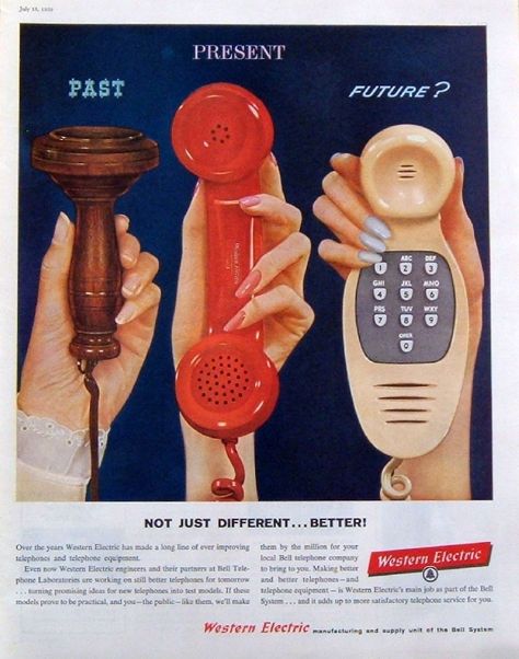 Ad dares to 1959, apparently... Handset-and-push-button-in-one phones came in in the 80s. So predicting a design style about 20+years in the future.    Fabulous! Telephone Vintage, Vintage Phones, Old Advertisements, Vintage Telephone, Mood And Tone, Past Present Future, Retro Ads, Beautiful Dark Art, Aesthetic Indie