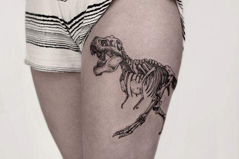 dinosaur tattoo by @karyanntattoos Skeleton Dinosaur, T Rex Tattoo, Pointillism Tattoo, Dinosaur Tattoo, Dinosaur Skull, Melbourne Tattoo, Trex Dinosaur, Dinosaur Tattoos, Skeleton Tattoos