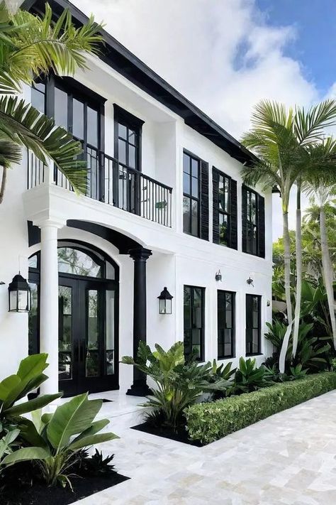 Modern Houses Modern White Cottage Exterior, Modern New Orleans Home Exterior, Homes With Black Trim, Modern Mediterranean Homes Exterior, Black And White Exterior House, Black Trim Exterior, White And Black House Exterior, Modern Classic House Exterior, Black And White Home Exterior