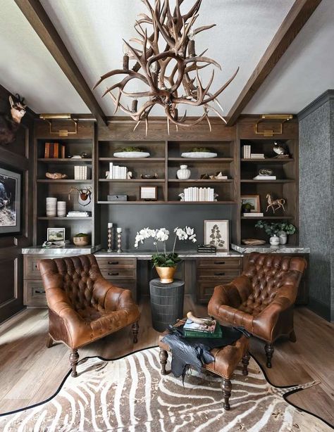 42 Home Office Lighting Ideas for a Bright and Cheery Workspace Hunting Office Ideas, Speak Easy Office, Speakeasy Decor Interior Design, Rustic Office Decor Ideas, Office Design Dark, Office Ideas For Men Modern, Modern Rustic House Interior, Office Chandelier Ideas, Home Office Lighting Fixture