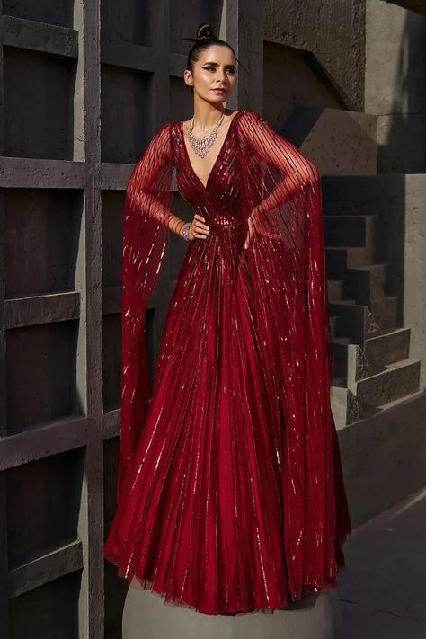 Wine Red Butterfly Net Sequin Embellished Gown with Attached Cape Sleeves Wine Gown, Gown With Cape, Engagement Dress For Bride, Baju Kahwin, Beautiful Frocks, Reception Gowns, Engagement Gowns, Simple Saree, Sangeet Outfit