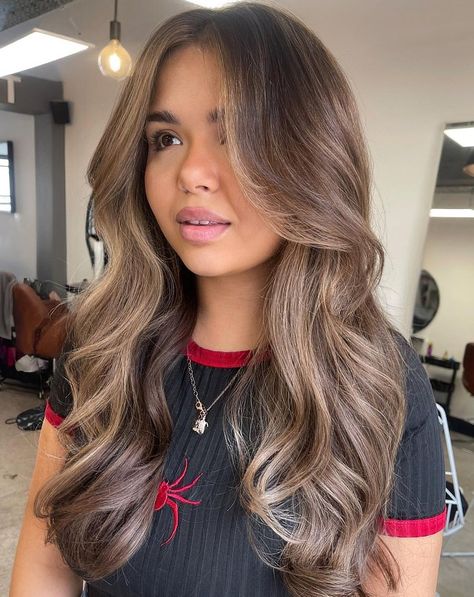 Brunette And Blonde Hair Color, Balayage, Brunette Hair With Ash Brown Highlights, Ash Caramel Highlights, Ash Highlights Dark Hair, Light Brown Hair With Dark Roots Caramel Highlights, Baby Lights Bronde Hair, Cool Toned Brown Hair With Money Piece, Hal Pal Hair