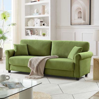 Elegant Design: This elegant sofa is designed to bring extreme comfort and classic style. High-density plush cushions and cozy curved arms make this couch a simple, beautiful luxury. Fabric: Green Velvet | House of Hampton® Bulwell 82.9" Upholstered Sofa Velvet in Green | 32.8 H x 82.9 W x 31.96 D in | Wayfair Light Blue Couch Living Room, Light Blue Couches, Blue Couch Living Room, Luxury Sofa Modern, Upholstered Couch, Blue Velvet Sofa, Sofa Velvet, Elegant Sofa, Modern Couch