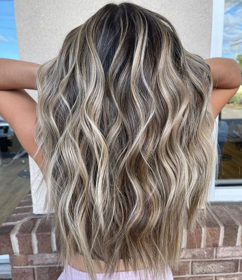 Noticeable Highlights For Brown Hair, Dark Brown Hair With Icy Highlights, Silver Hair Highlights Brown Brunettes, Hair Color Ideas For Dirty Blonde, Blonde Highlights On Dark Brown Hair, Brown Hair With Blonde Lowlights, Full Highlights For Dark Hair, Western Hair Color, Partial Blonde Highlights