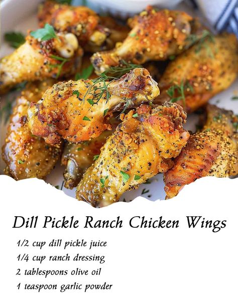 Dill Pickle Ranch Chicken Wings Dill Pickle Ranch Chicken Wings, Dill Pickle Ranch, Pickle Ranch, Ranch Chicken Wings, Ranch Wings, Dill Chicken, Wing Sauce Recipes, Chicken Wing Recipes Baked, Great Chicken Recipes