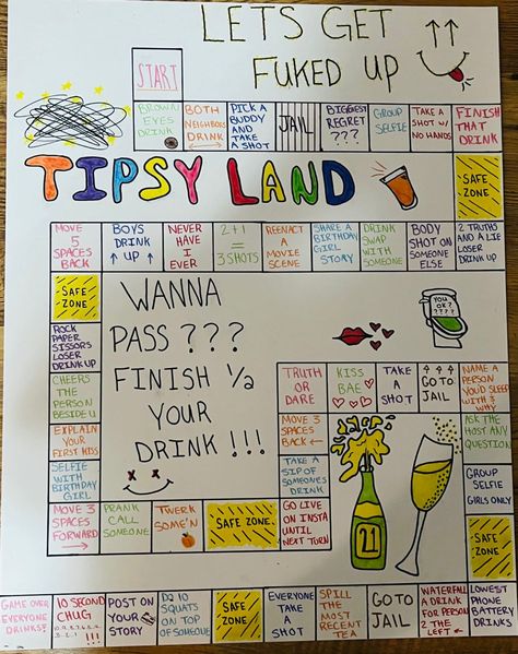 drinking board game diy dice candyland tipsy board game ideas Drinks For 18th Birthday Party, 21 Games Drinking, College Party Games Drinking, 20 Birthday Games Ideas, Drinking Birthday Games, Party Drinking Ideas, Shots Games For Parties, Cabin Trip Games For Adults, Cards Against Humanity Drinking Game