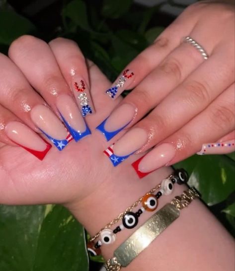 July 4th French Nails Designs, Long Fourth Of July Nails, July 4th Nails French Tip, America French Tip Nails, Fourth Of July Nails Designs Acrylic, July Nail Inspiration, Forth Of July French Tip Nails, Crazy Fourth Of July Nails, Blue And White Mexican Nails