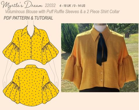 Pattern. Voluminous Blouse with 2 piece collar and puff ruffle sleeves. Intermediate sewing project. Sizes 4–18 UK / 0–14 US. The Metric System, Metric System, Dream Design, Fashion Sewing Pattern, Dress For Success, Ruffle Sleeves, Sewing Project, How To Sew, Shirt Collar