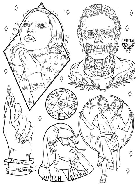 American Horror Story Coloring Pages, American Horror Story Tattoo, Stranger Things Coloring Pages, Horror Coloring Pages, Story Tattoo, Spooky Tattoos, Tattoo Stencil Outline, Horror Tattoo, Tattoo Style Drawings