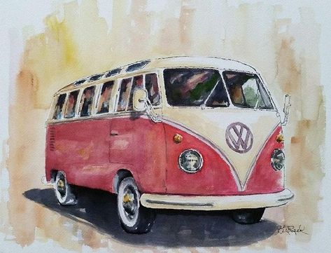 Vw Bus Painting, Bus Painting, Vintage Auto's, Bus Art, Vw Art, Vintage Vw Bus, Arches Watercolor Paper, Vintage Vw, Oil Painting Portrait