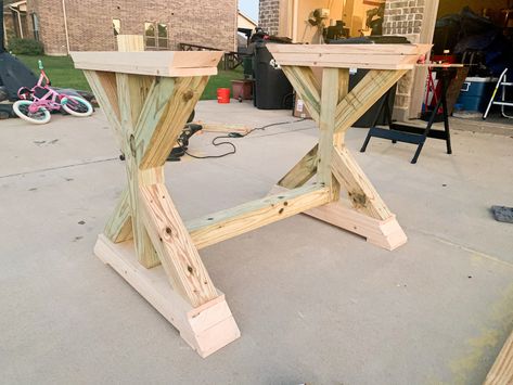 DIY Counter Height Farmhouse Trestle Table Trestle Table Plans, Farmhouse Trestle Table, Counter Height Kitchen Table, Trestle Table Legs, Projects Around The House, Diy Table Legs, Diy Counter, Diy Dining Room Table, Build A Table