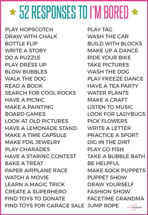 What to tell your kid when she says, "I'm bored." Perfect list for summer activities to keep kids entertained! Game Ideas For Kids, What To Do Outside, Babysitting Activities, Freeze Dance, Bored Jar, Bored Kids, What To Do When Bored, Things To Do When Bored, I'm Bored