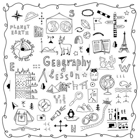 Symbols and drawings for a school geography lesson, set on a white background. Hand drawn vector doodle line illustration. Globe, vector illustration Geography Doodle Art, Geography Drawings Ideas, Geography Project Cover Page Ideas School, Geography Doodles, Geography Front Page Ideas, Geography Cover Page Ideas, Geography Tattoo, Geography Drawings, Geography Project Cover Page Ideas