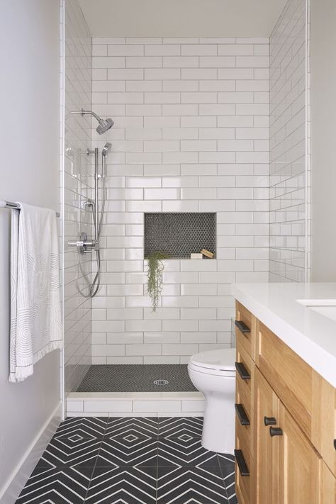 Penny Tiles Bathroom, White Subway Tile Shower, Modern Farmhouse Interior, Black Tile Bathrooms, White Subway Tile Bathroom, Modern Farmhouse Interior Design, Condo Bathroom, So Fresh So Clean, Subway Tile Showers