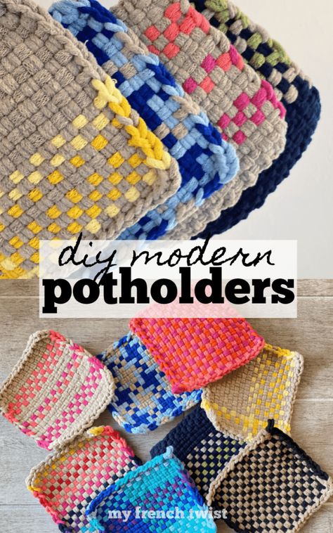 modern diy potholders - My French Twist Upcycling, Weaving Pot Holders, Craft Loops Projects, Loop Loom Patterns Pot Holders, Woven Potholder Patterns, Weave Potholders, Potholders Diy, Pot Holders Diy, Weaving Potholders