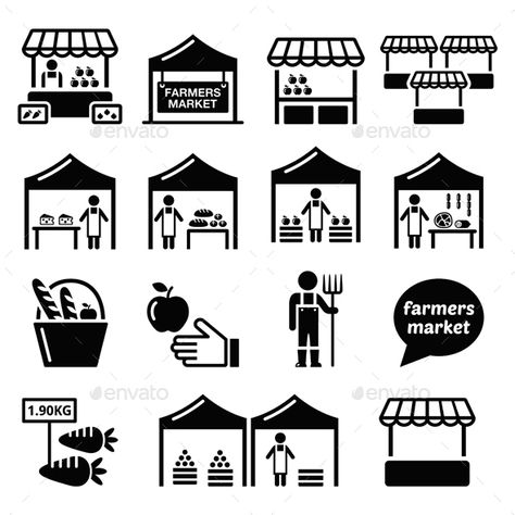 Farmers Market, Food Market with Fresh Local Produce Icons Set Farmers Market Food, Fresh Produce Market, Urban Design Architecture, Farmers Market Recipes, Fantasy World Map, Market Sign, Local Farmers Market, Market Stalls, Local Produce