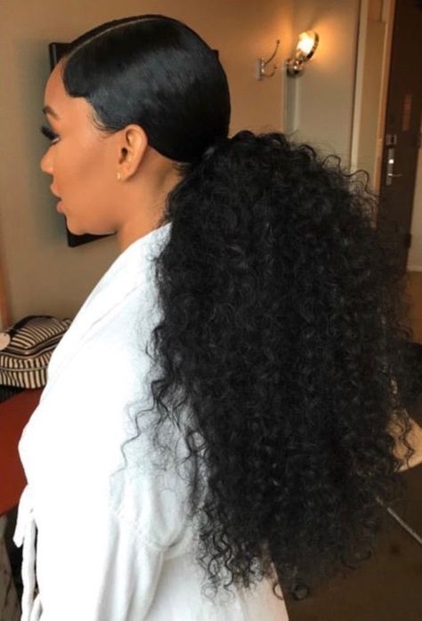 Ponytail Black Hair Care, Natural Hair Ponytail, Weave Ponytail Hairstyles, Black Ponytail Hairstyles, Curly Ponytail, Easy Hairstyles For Medium Hair, Hair Ponytail Styles, Sleek Ponytail, Low Ponytail