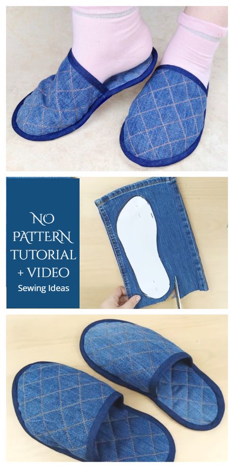 DIY Repurposed Jean Spa Slippers Free Sewing Patterns | Fabric Art DIY Crochet Sleepers, Slippers Sewing Pattern, Sewing Slippers, Sewing Machines Best, Moccasin Pattern, Kwik Sew Patterns, Spa Slippers, Small Drawstring Bag, Diy Slippers