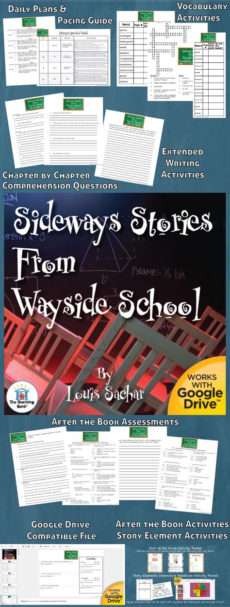 Sideways Stories from Wayside School Novel Unit is a Common Core Standard aligned book study to be used with Sideways Stories From Wayside School by Louis Sachar. This download contains both a printable format as well as a Google Drive™ compatible format. Sideways Stories From Wayside School Projects, Sideways Stories From Wayside School, Story Elements Activities, Wayside School, Writing Comprehension, Louis Sachar, Novel Study Units, Pacing Guide, Novel Study