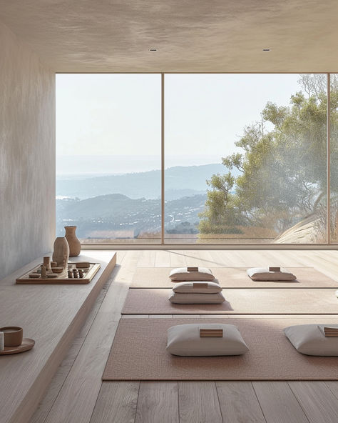 Meditation room, yoga studio design Home Yoga Studio Aesthetic, Meditation In Nature Aesthetic, Luxury Yoga Retreat, Japanese Yoga Room, Beach Yoga Studio, Yoga Therapy Room, Luxury Meditation Room, Yoga Retreat Photography, Bali Yoga Studio