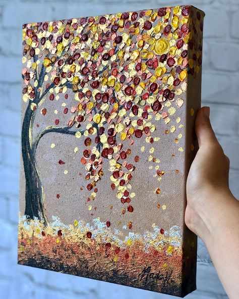 Easy Autumn Acrylic Paintings, Autum Paintings Acrylic, Easy Autumn Paintings, Painting Ideas Autumn, Tree Paintings Easy, Autumn Painting Easy, Acrylic Tree Painting Easy, Painting Ideas For Grandma, Easy Farm Paintings