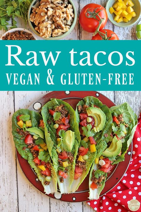 Who says that raw vegetables are only for salad? Jazz up those walnuts, romaine leaves, tomatoes, and bell peppers by turning them into mouthwatering tacos instead. Makes 4 to 6 tacos. Raw Tacos, Raw Vegan Recipes Easy, Raw Vegan Dinners, Raw Eating, Taco Filling, Raw Vegan Diet, Vegan Recipes Plant Based, Vegan Recipes Beginner, Raw Recipes