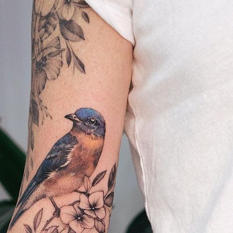 Ola Grigorev | tattoo artist on Instagram: "Floral extension for Amanda, thank you for coming from US, again! The top part done a year ago. I’m not a big fan of mixed techniques, but that colour on the bird looks so cute 🥰 flowerstattoo #bluebird #peonytattoo" Bird Tattoo Cover Up, Mountain Bluebird Tattoo, Bluejay Tattoo Black And White, Bird Holding Flower, Eastern Bluebird Tattoo, Black And White Tattoo With Pop Of Color, Meadowlark Tattoo, Birds And Flowers Tattoo, Blackbird Tattoo