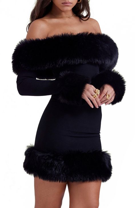 Plush faux-fur trim brings glamorous warmth to an off-the-shoulder minidress fashioned from figure-flaunting stretch crepe. Exclusive retailer Back zip closure Off-the-shoulder neck Long sleeves Lined 95% polyester, 5% elastane with 100% polyester faux fur Dry clean Imported Fur Dress Outfit, Fur Outfits Women, Dress With Fur Coat, Fur Coat Outfits, Faux Fur Coats Outfit, Winter Night Outfit, Girls Vans, Faux Fur Outfit, Fur Outfit