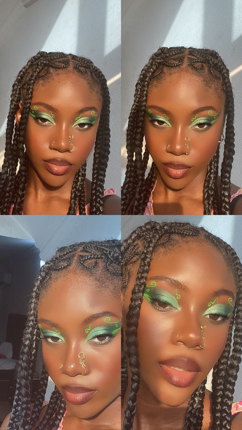 Green Eye Makeup On Black Women, Green Graphic Liner Looks, Green Festival Makeup Looks, Dark Skin Fairy Makeup, Green Makeup On Black Women, Green Eyeliner Black Women, Green Eyeshadow Looks Black Women, Graphic Green Eyeliner, Graphic Liner Black Women