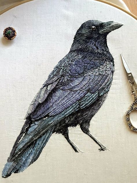A Crow I've Been Embroidering For A Few Months Now. Still Gotta Give Him Feet And A Rock To Stand On Two Cats Embroidery, Crow Embroidery, Embroidery Horse, Forest Embroidery, Bee Embroidery, Embroidery Works, Bird Embroidery, Thread Painting, Hand Embroidery Art