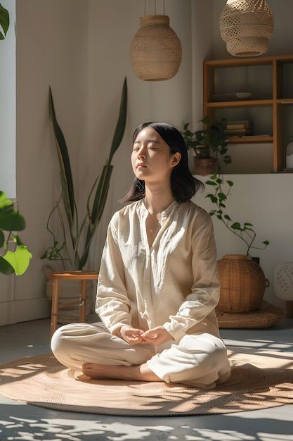 Premium Photo | Peaceful Morning Meditation with MiddleAged Asian Woman Logos, Meditation Photos Mindfulness, Meditation Sitting Pose, Yoga Meditation Aesthetic, Fitness Woman Photo, People Meditating, Meditating Pose, Person Meditating, Peaceful Woman