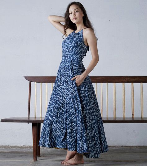 Indigo block-printed racer back gown by KharaKapas on Etsy Chiffon Frocks, Classic Wear, Casual Frocks, Frock Fashion, Traditional Indian Dress, Frock For Women, Long Kurti Designs, Frocks Designs, Long Dress Design