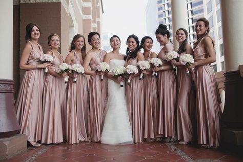 rosewater ballgowns | twobirds Bridesmaid Dress | a real wedding featuring our multiway, convertible dresses Old Rose Bridesmaid Dress, Old Rose Wedding, Wedding Day Meme, Dusty Pink Bridesmaid Dresses, Pink Wedding Colors, Rose Bridesmaid Dresses, Wedding Motifs, Bridesmaids Dress Inspiration, Dusty Rose Wedding