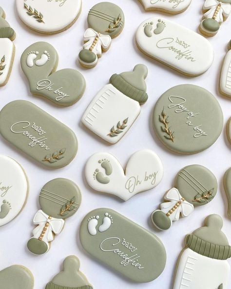 Essen, Sage Green And Brown Baby Shower Ideas, Baby In Bloom Cookies Gender Neutral, Sage And Cream Baby Shower Ideas, Sage Green Baby Shower Cupcakes, Baby Bottle Cookies Decorated, Sage Green Baby Shower Cookies, Sage Green Cookies, Nature Theme Baby Shower Ideas