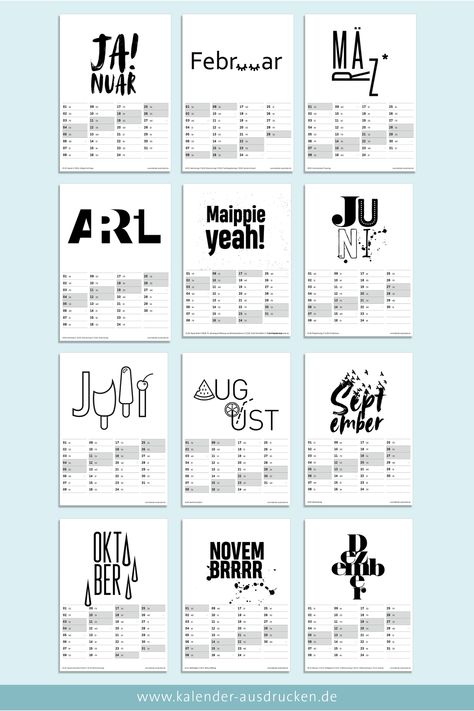 Typografie Kalender in A4 - Alles zum Ausdrucken. -  Typografie Kalender in A4 – Alles zum Ausdrucken. Organisation, Diy Kalender, Kalender Design, Sharpie Crafts, Unique Calendar, Calendar Monthly Planner, Birthday Calendar, Printable Calendar Template, Monthly Calendar Printable