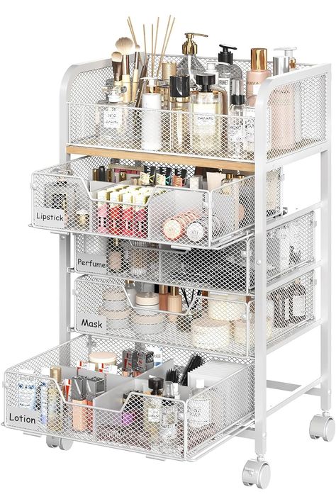 Rolling Makeup Cart Organizer with 4 Drawers, Floor Skincare Organizers with Wheels Nameplates, Cosmetics Display Cases, Multi-Functional Storage Cabinet for Perfume Nail Polish, White Nail Polish Storage Cart, Makeup Cart Organizing, Makeup Cart, Nail Polish White, Cart Organizer, Nail Polish Storage, Skincare Organization, Cosmetic Display, Storage Cart