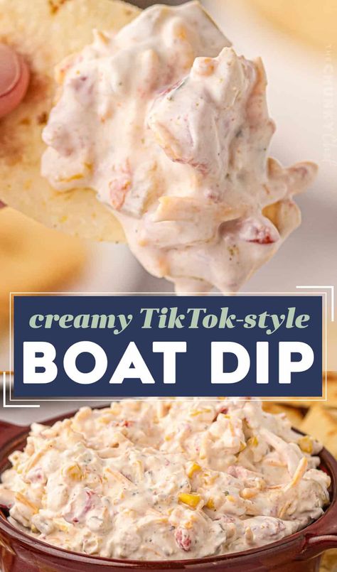 This creamy party-ready boat dip is a fun twist on the TikTok classic. You'll only need a handful of ingredients and no fancy tools, and you'll have a cool, creamy, and ultra-flavorful ranch dip that is perfect for any party, or for taking to the pool, lake, or beach! Poolside Ranch Dip, Yummy Easy Party Dips, Loaded Cheese Dip, Easy Appetizer For Party, Room Temperature Dips, Tiktok Boat Dip, Easy Chip Dip Recipes Cream Cheese, Best Dip Recipes Crock Pot, 4 Ingredient Dip