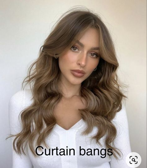 Curled Hairstyles Layered Hair, Curled Hairstyles With Layers, Wedding Hair Down Curtain Bangs, Balayage, Curtain Bangs Long Hair Curly Brunette, Curtain Bangs Curled Long Hair, Curls And Curtain Bangs, Curls Hairstyles With Bangs, Long Curtain Bangs For Wavy Hair