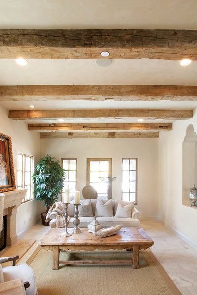 Faux Beams Basement, Natural Beams Ceiling, Small Open Concept Living Room Kitchen, Faux Ceiling Beams Diy Master Bedrooms, Modern Rustic Design Interiors, Beam Decoration Ideas, Foam Beams Ceilings, Wood Beam Ceiling Kitchen, Mediterranean Ceiling