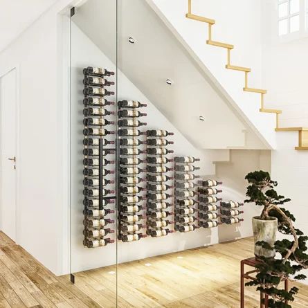 Rebrilliant Indurial 126 Bottle Wall Mounted Wine Bottle Rack | Wayfair Wine Under Stairs, Modern Wine Wall, Cellar Inspiration, Under Stairs Wine Cellar, Modern Wine Storage, Standing Wine Rack, Wine Cellar Racks, Glass Wine Cellar, Wine Rack Design