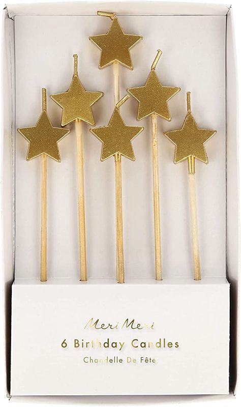 Gold Party Decorations Aesthetic, Meri Meri Candles, Star Birthday Candles, Gold Star Decorations, Stay Golden Birthday Theme, Star Candles Birthday, Gold Star Birthday, Birthday Gold Decorations, Golden Birthday Decoration Ideas