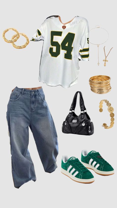 #outfitinspo #outfit #y2k #vintage #green #gold #coolgirlstyle #oversized Padua, Y2k Gold Outfits, Gold Y2k Outfit, Y2k Retro Outfits, Y2k Oversized Outfits, Childish Gambino Outfits, Y2k Vintage Outfits, Green Campus 00s Outfit, Childish Gambino Concert Outfits