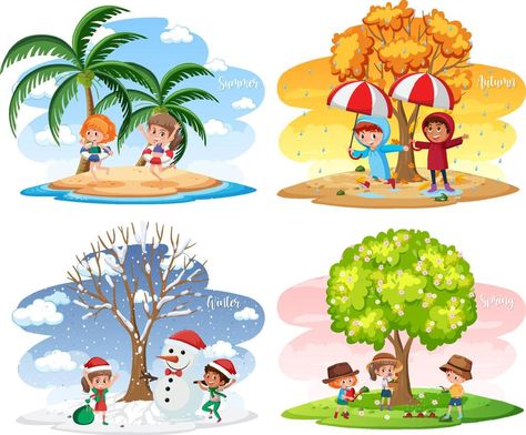 Four Seasons Painting, Weather Activities Preschool, Seasons Chart, Four Seasons Art, Seasons Preschool, Seasons Lessons, Clown Crafts, Year Aesthetic, Carnival Crafts