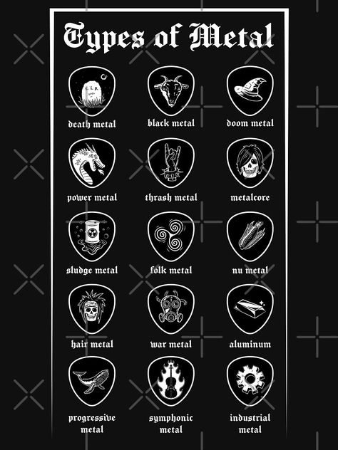 picks, guitar, calligraphy, black and white, bar, trees Metal Guitar Pick, Different Types Of Metal Music, Folk Metal Aesthetic, Types Of Metalheads, Types Of Metal Music, Metal Band Tattoos Ideas, Band Names Ideas Rock, Metal Playlist Names, Metal Subgenres