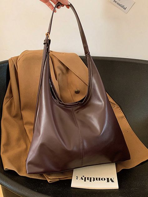 Coffee Brown  Collar  PU Leather Colorblock,Plain Bucket Bag Embellished   Women Bags Casual Work Bag, Army Green Bag, Oversized Purse, Black Bucket Bag, Big Purses, Oversized Tote Bag, Casual Tote Bag, Daily Bag, Vintage Shoulder Bag