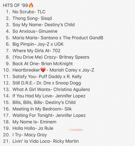 Let me take you back to circa 1999 with this list of talented, versatile artists who had the most infectious beats & lyrics that year🎶💭✨ Comment some faves you may know, or songs I don’t have listed! #music #playlist #90s #musician #lyrics #1999 #songs #art #iconic #hiphop #pop #list #artists #feels #throwback #throwbackthursday 90s Hip Hop Songs, 90 Songs Playlist, Old School R&b Playlist, 90’s Playlist, 90s Rnb Playlist, 90s R&b Playlist, 90’s Music, Old School Music Playlist, 90s Playlist Names