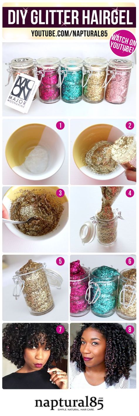 DIY Glitter Hair Gel For When You Are Feeling Festive - All Created Diy Haircare, Glitter Hairstyles, Diy Moonshine, Glitter Hair Gel, Glitter Roots, Natural Hair Care Tips, Healthy Natural Hair, Diy Hair Care, Glitter Diy