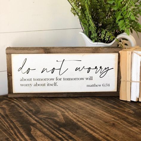 “ Do Not Worry” Framed Wood Sign. - Hand Made In Cartersville, Ga By Southern With Grace. -Measures Appropriately 16”X 7” -Distressed White, Black Letters, Brown Wood Frame Distressed Farmhouse Decor, Diy Wood Signs Rustic, Scripture Signs For The Home, Over The Bed Wall Decor Farmhouse, Family Signs Wooden, Bedroom Wall Signs, Western Wood Signs, Guest Bedroom Signs, Mudroom Signs